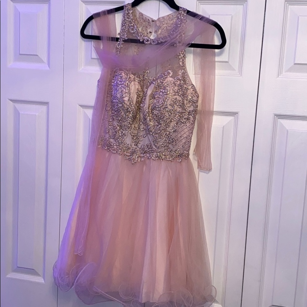 Light pink beaded illusion neck prom dress